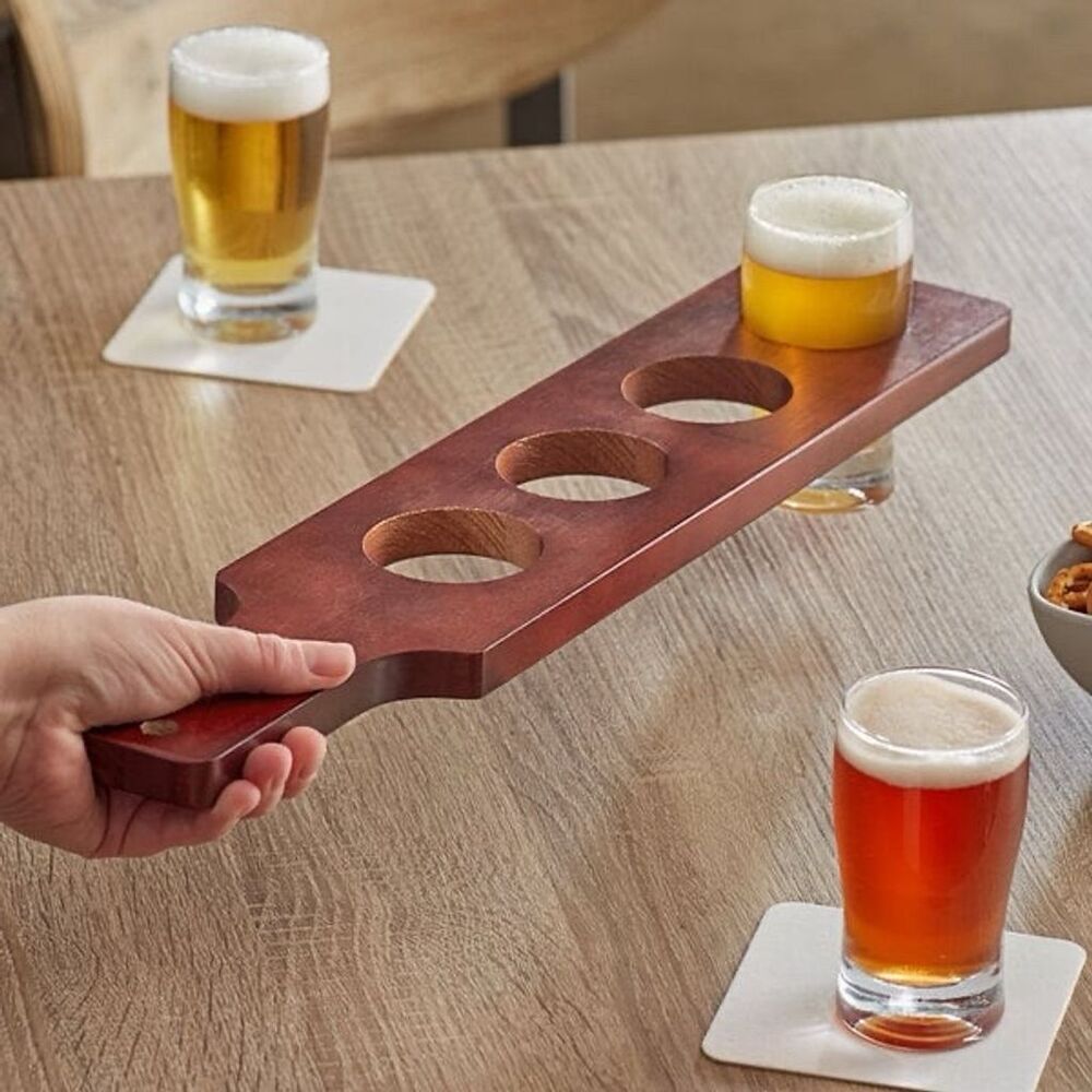 Beer Flight Sampler Paddle 4-Hole‎ Brown Wood Mahogany Finish 18” Long